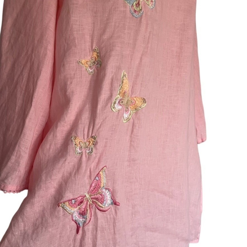 Alexandra Bartlett Linen Tunic Top Pink Embroidered Butterfly Resort Boho L - Picture 4 of 9